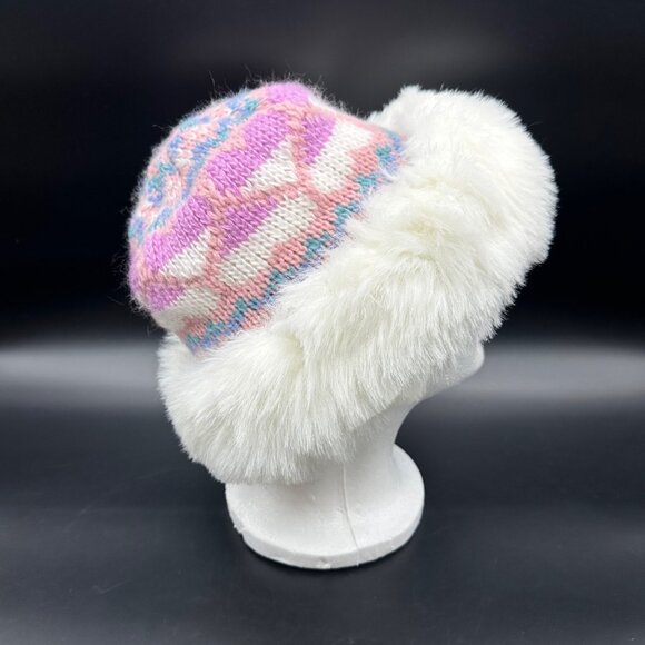 Vintage Knit Hat Winter Pink Purple White 80s Notice USA Faux Fur Trimmed Beanie - Picture 4 of 11